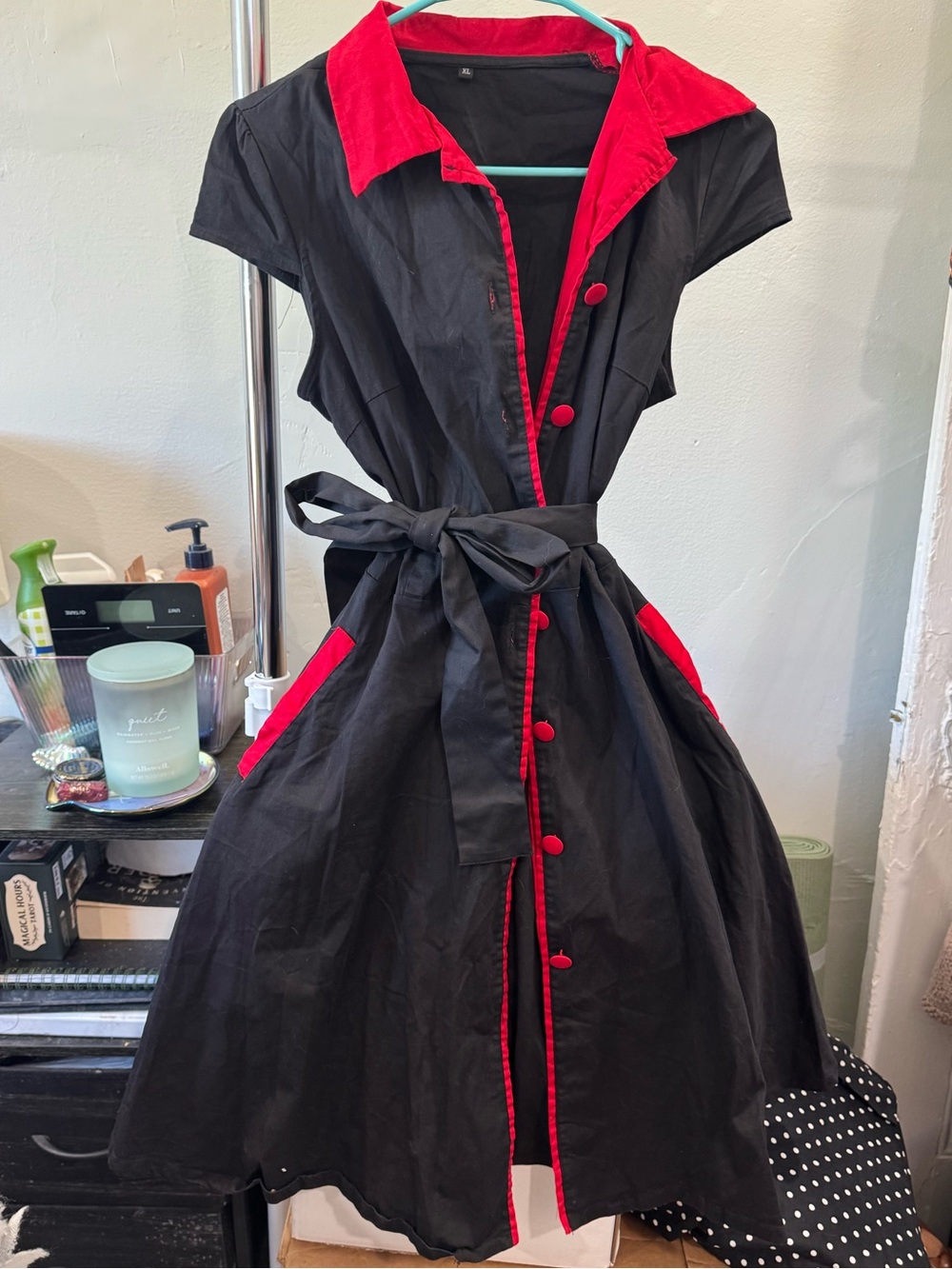 Black w Red Accents A-line 50s Housewife Button Down Dress